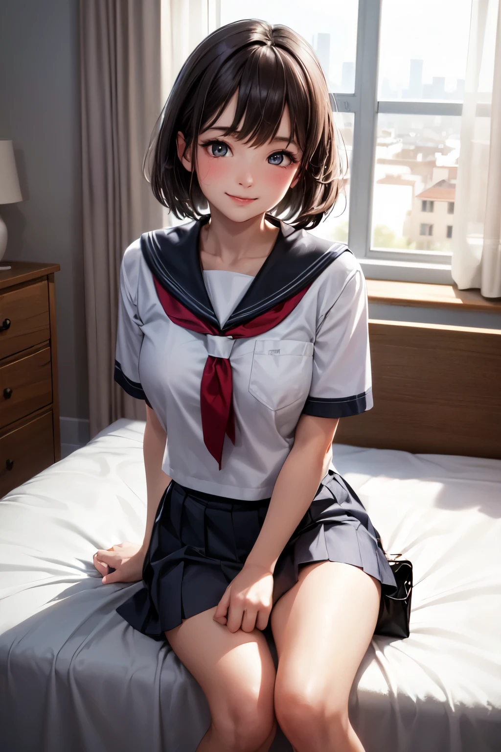 very cute and beautiful girl,(highly detailed beautiful face and eyes),
(smile:1.2),blush,embarrassed,looking at viewer,black hair,serafuku,short sleeve,pleated navyblue mini skirt,
sitting on bed sheet,arms behind back,school bag,pouch,antique hotel bedroom,window,distant town view,
(best quality,masterpiece),absurdres,highres,ultra-detailed,extremely detailed,32k,8k resolution,
intricate details,cinematic scene,detailed background,solo,dynamic angle,