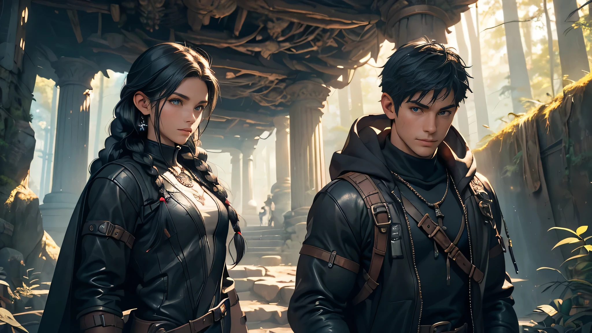 (a boy in black clothes and black hair, a girl with black hair and braids in black adventure clothes,lower cave exploration,fantasy theme)(best quality,4k,8k,highres,masterpiece:1.2),ultra-detailed,(realistic,photorealistic,photo-realistic:1.37),fantasy art,black and white color,soft lighting,hidden treasures,glowing crystals,ancient ruins,adventure equipment,dynamic postures,mysterious atmosphere,dangerous creatures,strong bond between the boy and the girl,magical artifacts,ethereal glow,enchanted environment,amazing discoveries