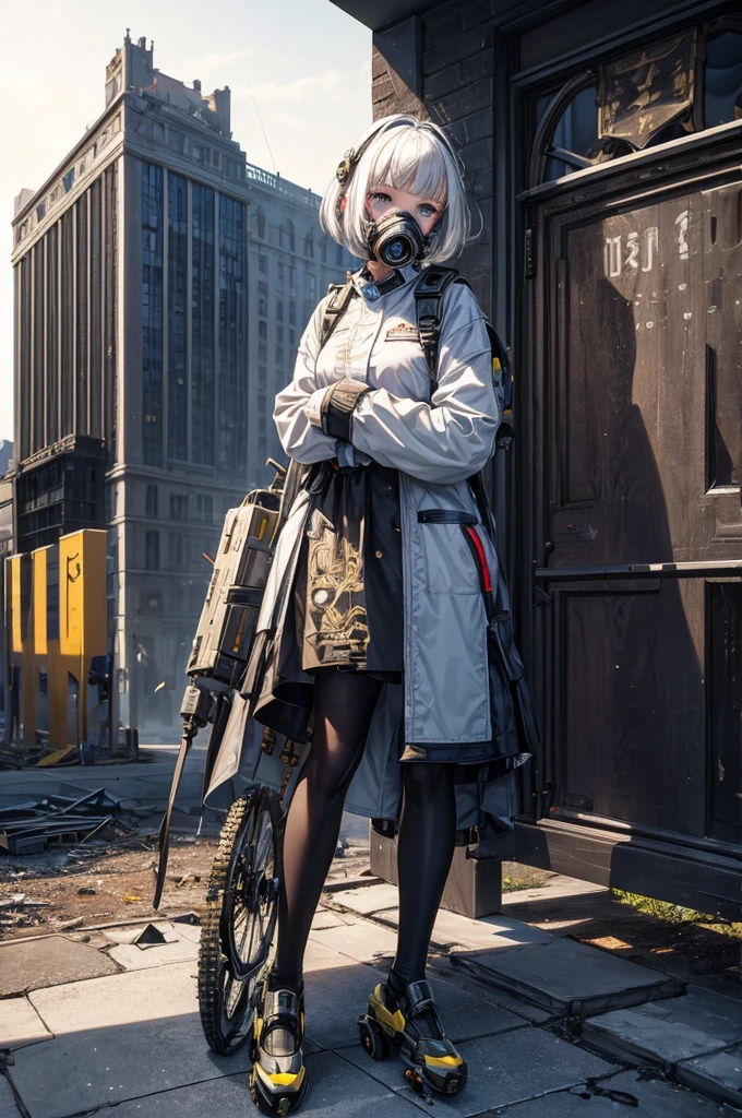 (masterpiece:1.2,high quality), 1 Girl, ((Ultra-realistic details)), Global Illumination, shadow, Unreal Engine, Octane Rendering, 8k, Extremely sharp, Metal, Wheels within wheels, Accessory details, highly Wheels within wheels details, Yellow eyes, (Mechanical fuselage:1.2), white hair, (Black gas mask), gear, bob cut, Hundreds of wires, Earthling, (, Android:1.15), Revelation, Damaged buildings