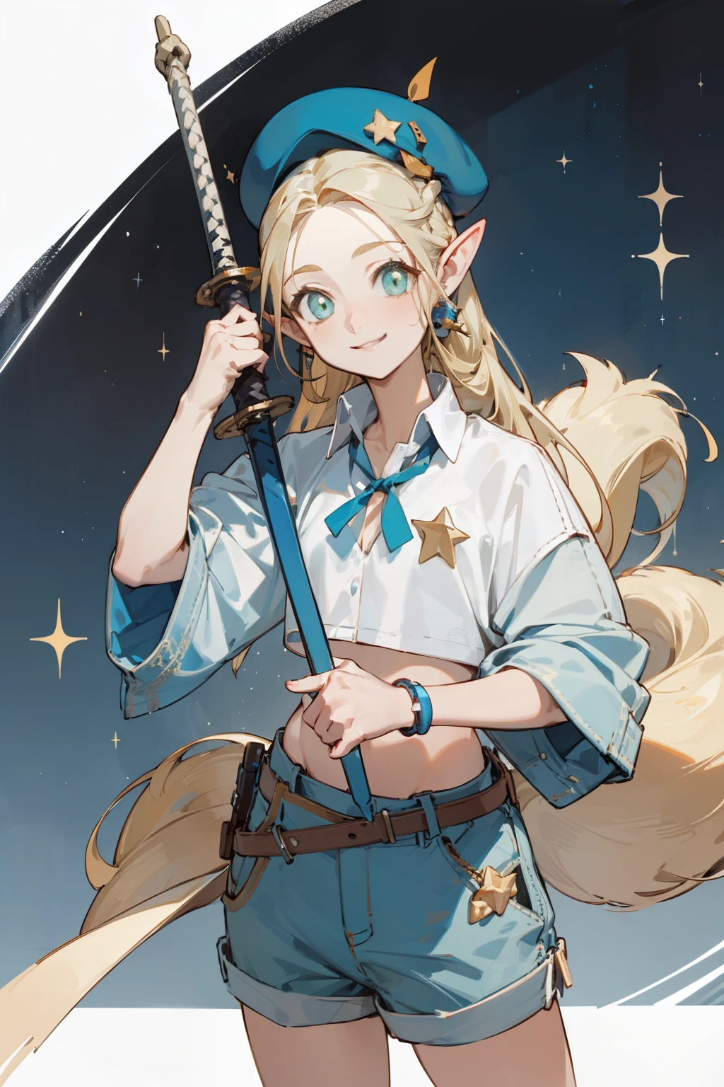 Wearing a bikini、Wearing a hat and a sword, Wearing headphones,(masterpiece, best quality) detailed,silver accessories , Blonde ,elegant, Pointed ears ,White shirt,shorts,Double tail,Waist-length hair,Smile,Star decoration