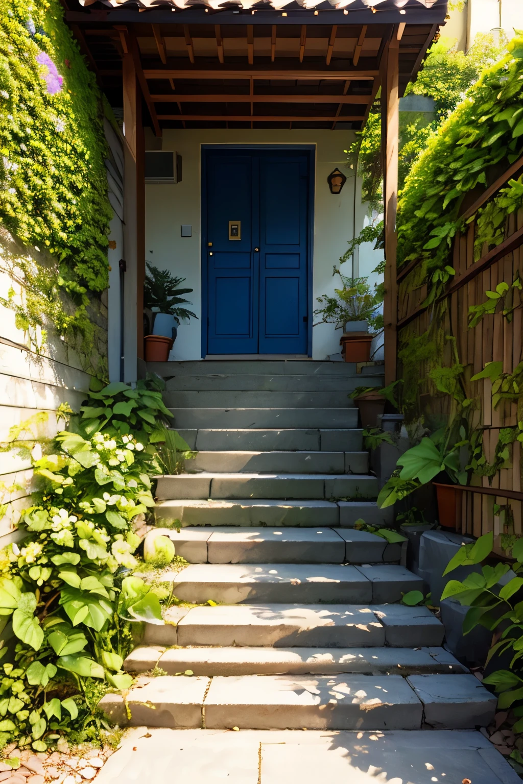 wide vision, long spiral staircase, bougainvillea flower, rattan, leaf, daylight, picket fence, blue sky, shadow, shade, Light shines on the leaf area., micro landscape, day time, shade, essential details
