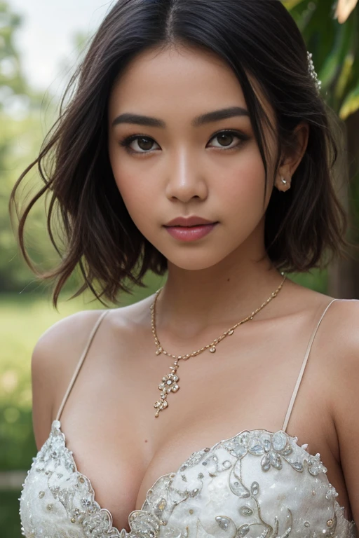best quality, masterpiece, table shots, 1girl, Javanese white bridal kebaya, short hair, blue black hair, jasmine ornament on hair, lux necklace, glamorous jewelry, Blushy face, upon_body, tyndall effect, photorealistic, ample cleavage, (puffed breasts, bright big breast), sun-tanned lighting,(high detailed skin:1.2), close up, 8k uhd, dslr, RAW photography, high quality, high resolution, 8k, outdoor background 
