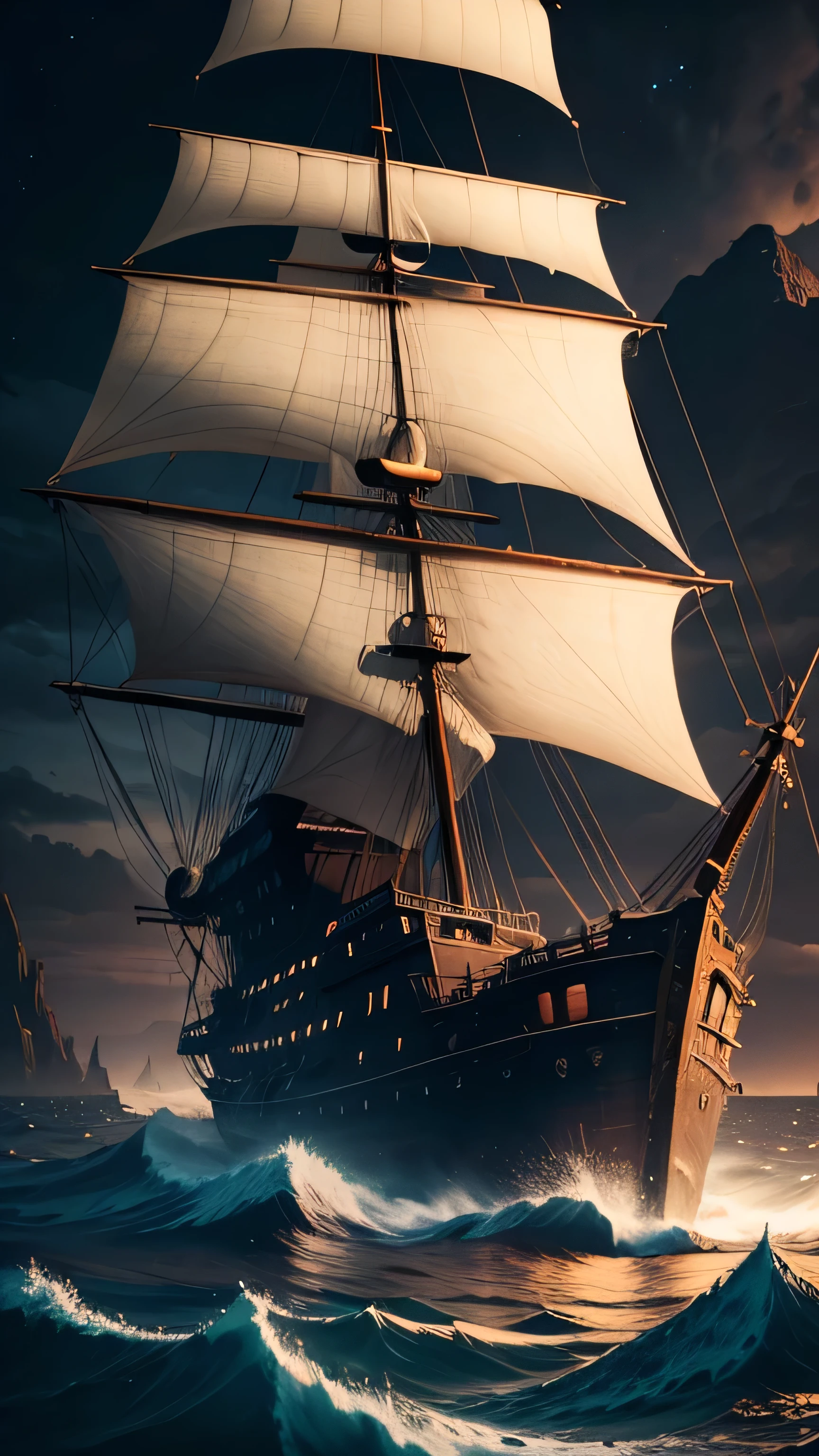 Mary Celeste Ghost Ship, island, dark night, without light, 8k