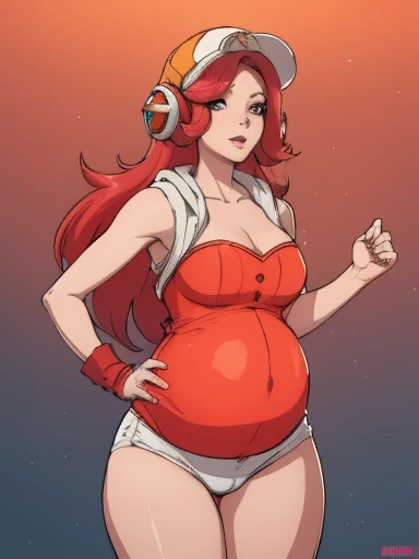 Sexy pregnant arcade miss fortune, red hair, detailed, high resolution, thin, tight waist, curvy