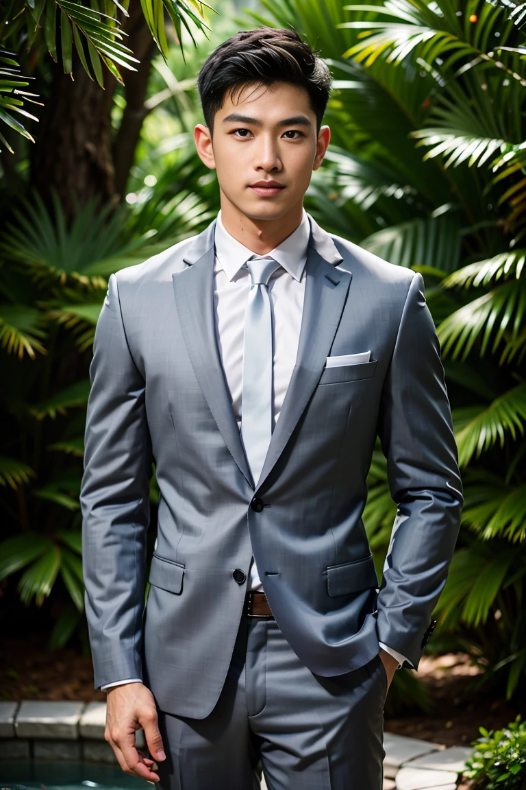masterpiece, best quality, high quality, Extremely detailed CG Unity 8K wallpaper, Depth of Field, HDR,,Realistic portraits,Very detailed, 1 man, Asia, Black short hair (Wearing a gray suit), Chest muscles, Muscles of the upper arms, Blood vessel, Big muscles, Broad shoulders, Looking at the audience, balance eyes, (eye contact)