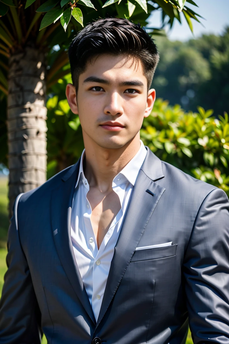 masterpiece, best quality, high quality, Extremely detailed CG Unity 8K wallpaper, Depth of Field, HDR,,Realistic portraits,Very detailed, 1 man, Asia, Black short hair (Wearing a gray suit), Chest muscles, Muscles of the upper arms, Blood vessel, Big muscles, Broad shoulders, Looking at the audience, balance eyes, (eye contact)