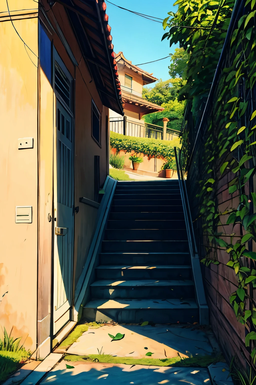 wide vision, long spiral staircase, bougainvillea flower, rattan, leaf, daylight, picket fence, blue sky, shadow, shade, Light shines on the leaf area., micro landscape, day time, shade, essential details