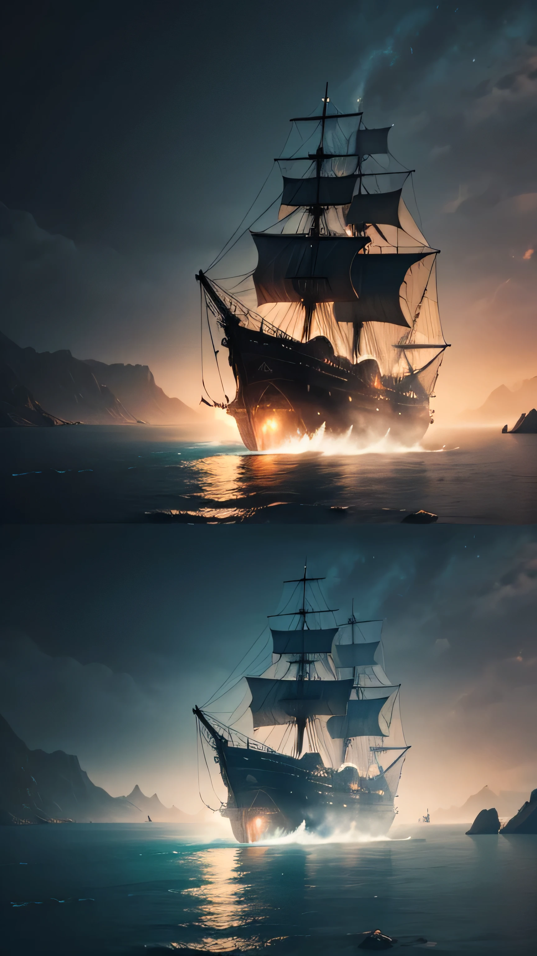 Mary Celeste Ghost Ship, island, land, dark night, without light, 8k