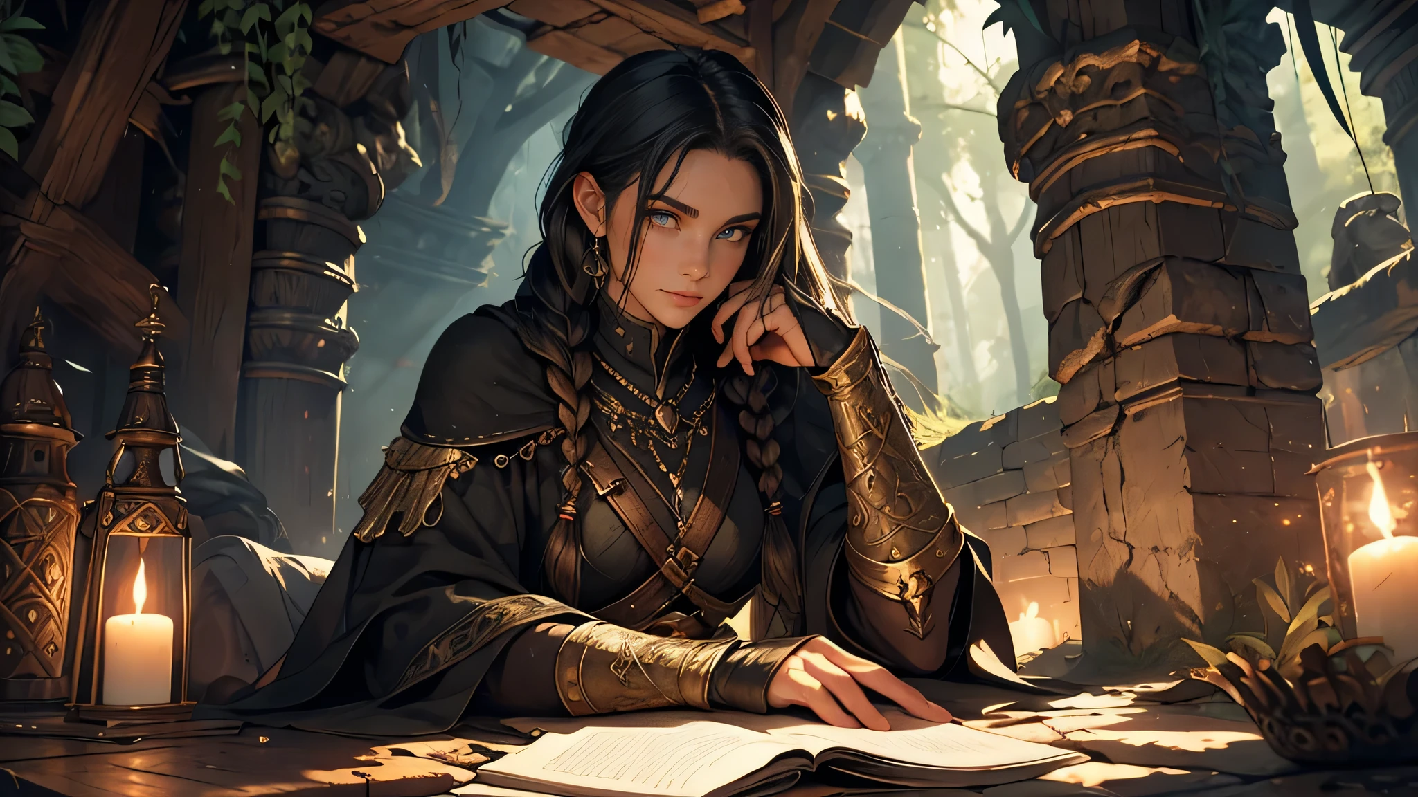 (best quality,realistic),man in black clothes,black hair,long hair,beautiful detailed eyes,detailed lips,[exploring],girl with black hair and braids,wearing a black adventure garment,detailed eyes,girls [in the background],dark underground cave,[medieval fantasy theme],[mysterious atmosphere],[dim torchlight],[ancient stone formations],[dripping water sounds], [whispers echoing],[moss-covered walls],[mysterious shadows],[rustling sounds],[crumbling pillars], [enchanted atmosphere],[magic runes engraved on the walls],[adventure awaits],[sense of danger and excitement],[mystical creatures lurking],[dust floating in the air],[sword and shield],[torchlit path ahead],[ancient treasure],[adorned with gems and gold],[mysterious artifacts],[sense of exploration and wonder].