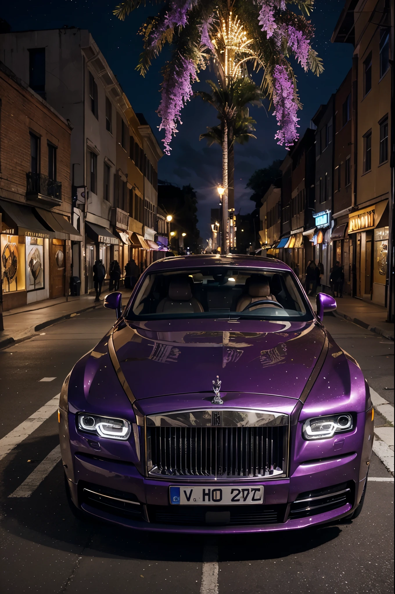 A luxurious scene of a Rolls-Royce Phantom parked in the midst of a vibrant and dynamic ghetto neighborhood. The main focus of the image is the elegant and opulent car, showcasing its sleek design and classic features. The car is painted in a stunning shade of purple, adding a touch of royalty and uniqueness to the overall composition. It is adorned with exquisite details, such as chrome accents and shiny rims, further emphasizing its luxurious status.

The surrounding environment is a bustling and lively ghetto, filled with colorful and energetic elements. The streets are lined with vibrant street art, showcasing the creativity and culture of the neighborhood. There are various buildings with unique architectures, displaying a blend of modern and vintage styles.

To enhance the ambiance, purple floor lights illuminate the scene, casting a soft and enchanting glow. The lights create a dreamy atmosphere, emphasizing the elegance and grandeur of the car. They also bring out the rich purple color of the vehicle and add a touch of mystique to the overall composition.

The image quality is of the highest standards, with ultra-detailed and realistic rendering. It captures every intricate detail of the car and the surrounding environment, resulting in a masterpiece of digital art. The colors are vivid and rich, showcasing a range of purple hues throughout the image. The lighting is carefully orchestrated, creating a harmonious balance between the car and its surroundings.

Overall, the prompt combines the opulence of the Rolls-Royce Phantom with the vibrant and energetic atmosphere of the ghetto. The purple color palette and floor lights add a unique and captivating touch to the composition, making it a visually stunning and memorable artwork.