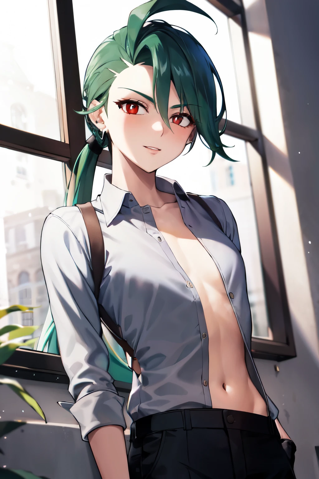 absurdres, best quality, 1girl, solo, looking at viewer,  rika, ahoge, ponytail, bright pupils, white pupils, grey collared shirt, suspenders, black pants, gloves, earrings, green hair, red eyes, bright pupils, collarbone, ((fully open shirt:1.3)), unbuttoned shirt, standing, inner sideboob, (navel), ((exposed stomach))