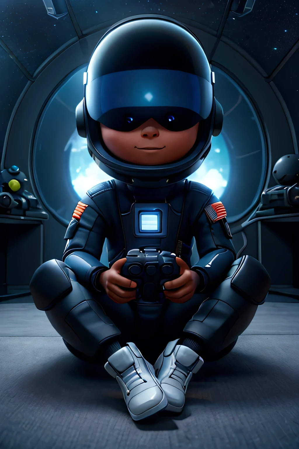 Black Astronaut wearing big helmet, sitting down on floor, with legs crossed, holding video game controller, legs crossed, playing video games, in spaceship, dark helmet visor, tinted helmet, neon lights on spacesuit, futuristic spacesuit, dreads