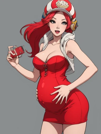 Sexy pregnant arcade miss fortune, red hair, tight dress, detailed, high resolution, tight waist, cleavage 