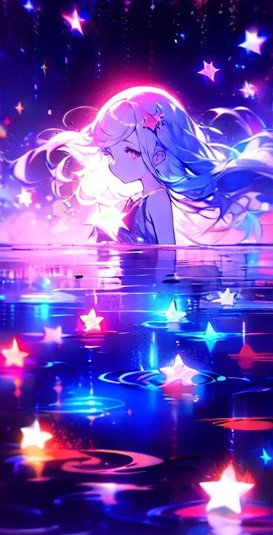 xcdd, dress, Water play, star, water, null, night, Shine, Shine, star, night null, Backlight, Particles of light, Floating Hair,, Absurd, ultra detailed, masterpiece, highest quality, beautiful, detailed,, Severe, One girl, (White eyes:1.1), (Grey Eyes:1.3), Gray Hair, Very long hair, Parted hair, Parted bangs, Medium chest,