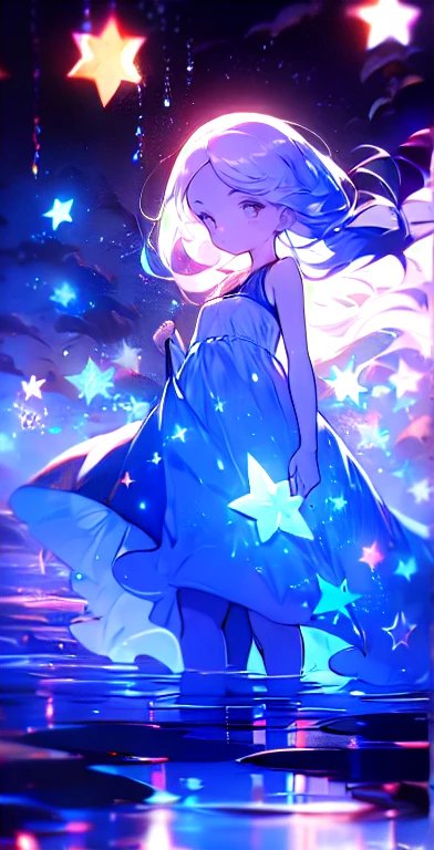 xcdd, dress, Water play, star, water, null, night, Shine, Shine, star, night null, Backlight, Particles of light, Floating Hair,, Absurd, ultra detailed, masterpiece, highest quality, beautiful, detailed,, Severe, One girl, (White eyes:1.1), (Grey Eyes:1.3), Gray Hair, Very long hair, Parted hair, Parted bangs, Medium chest,