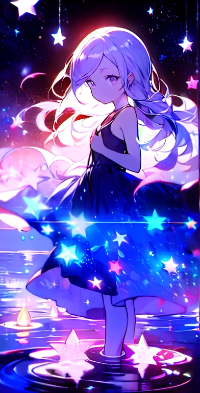 xcdd, dress, Water play, star, water, null, night, Shine, Shine, star, night null, Backlight, Particles of light, Floating Hair,, Absurd, ultra detailed, masterpiece, highest quality, beautiful, detailed,, Severe, One girl, (White eyes:1.1), (Grey Eyes:1.3), Gray Hair, Very long hair, Parted hair, Parted bangs, Medium chest,