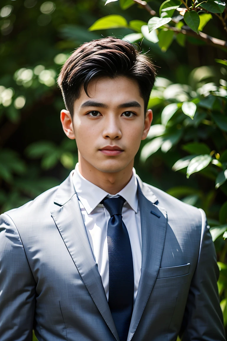 masterpiece, best quality, high quality, Extremely detailed CG Unity 8K wallpaper, Depth of Field, HDR,,Realistic portraits,Very detailed, 1 man, Asia, Black short hair (Wearing a gray suit), Chest muscles,Chest muscles肿胀, Muscles of the upper arms, Blood vessel, Big muscles, Broad shoulders, Looking at the audience, balance eyes, (eye contact)