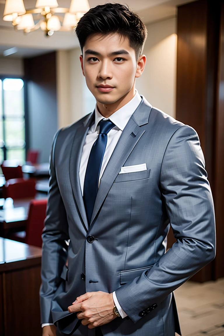 masterpiece, best quality, high quality, Extremely detailed CG Unity 8K wallpaper, Depth of Field, HDR,,Realistic portraits,Very detailed, 1 man, Asia, Black short hair (Wearing a gray suit), Chest muscles,Chest muscles肿胀, Muscles of the upper arms, Blood vessel, Big muscles, Broad shoulders, Looking at the audience, balance eyes, (eye contact)