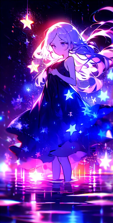 xcdd, dress, Water play, star, water, null, night, Shine, Shine, star, night null, Backlight, Particles of light, Floating Hair,, Absurd, ultra detailed, masterpiece, highest quality, beautiful, detailed,, Severe, One girl, (White eyes:1.1), (Grey Eyes:1.3), Gray Hair, Very long hair, Parted hair, Parted bangs, Medium chest,