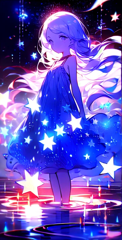 xcdd, dress, Water play, star, water, null, night, Shine, Shine, star, night null, Backlight, Particles of light, Floating Hair,, Absurd, ultra detailed, masterpiece, highest quality, beautiful, detailed,, Severe, One girl, (White eyes:1.1), (Grey Eyes:1.3), Gray Hair, Very long hair, Parted hair, Parted bangs, Medium chest,