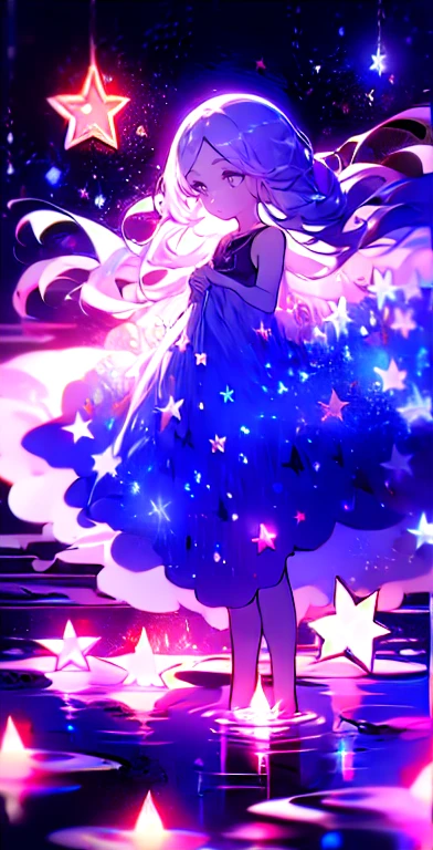 xcdd, dress, Water play, star, water, null, night, Shine, Shine, star, night null, Backlight, Particles of light, Floating Hair,, Absurd, ultra detailed, masterpiece, highest quality, beautiful, detailed,, Severe, One girl, (White eyes:1.1), (Grey Eyes:1.3), Gray Hair, Very long hair, Parted hair, Parted bangs, Medium chest,