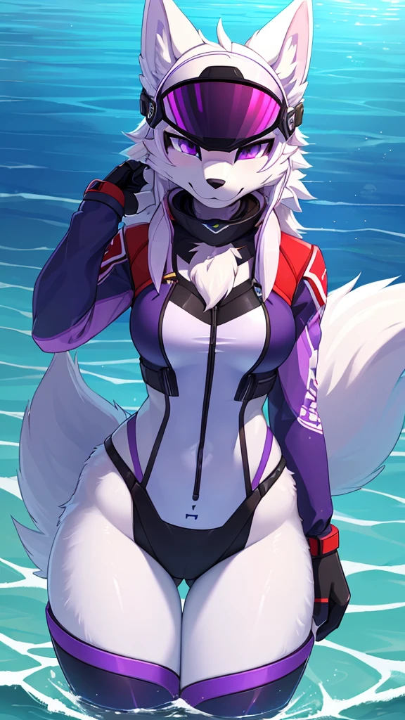 ((best quality, Masterpiece, perfect anatomy, Detailed pictures)), 1 female, arctic protogen, arctic wolf, Long visor, purple visor, purple eyes, sexy body, Bust 82, Waist 56, Thigh 83, Big Pong, Future military clothing, fluffy tail, red red, shy, in the sea, front view