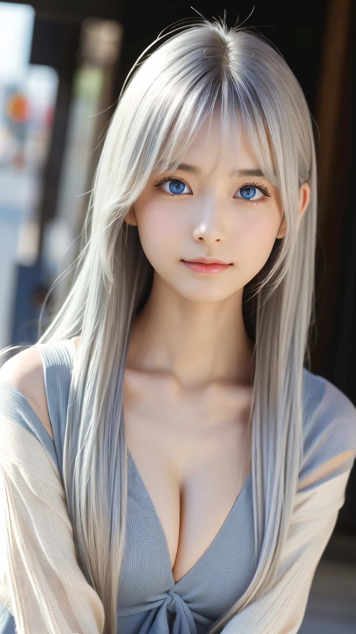 Shining, clear, white skin、Her windblown silver hair hides her beautiful face.、huge、Sexy beautiful face of 28 years old、Beautiful straight hair that stands out、growing up, Sparkling light blue eyes、Sexy long silky bangs covering the eyes, Sexy young woman with super long hair hiding her sexy face、Shining silver hair、(((Sexy Woman)))、The cleavage is visible