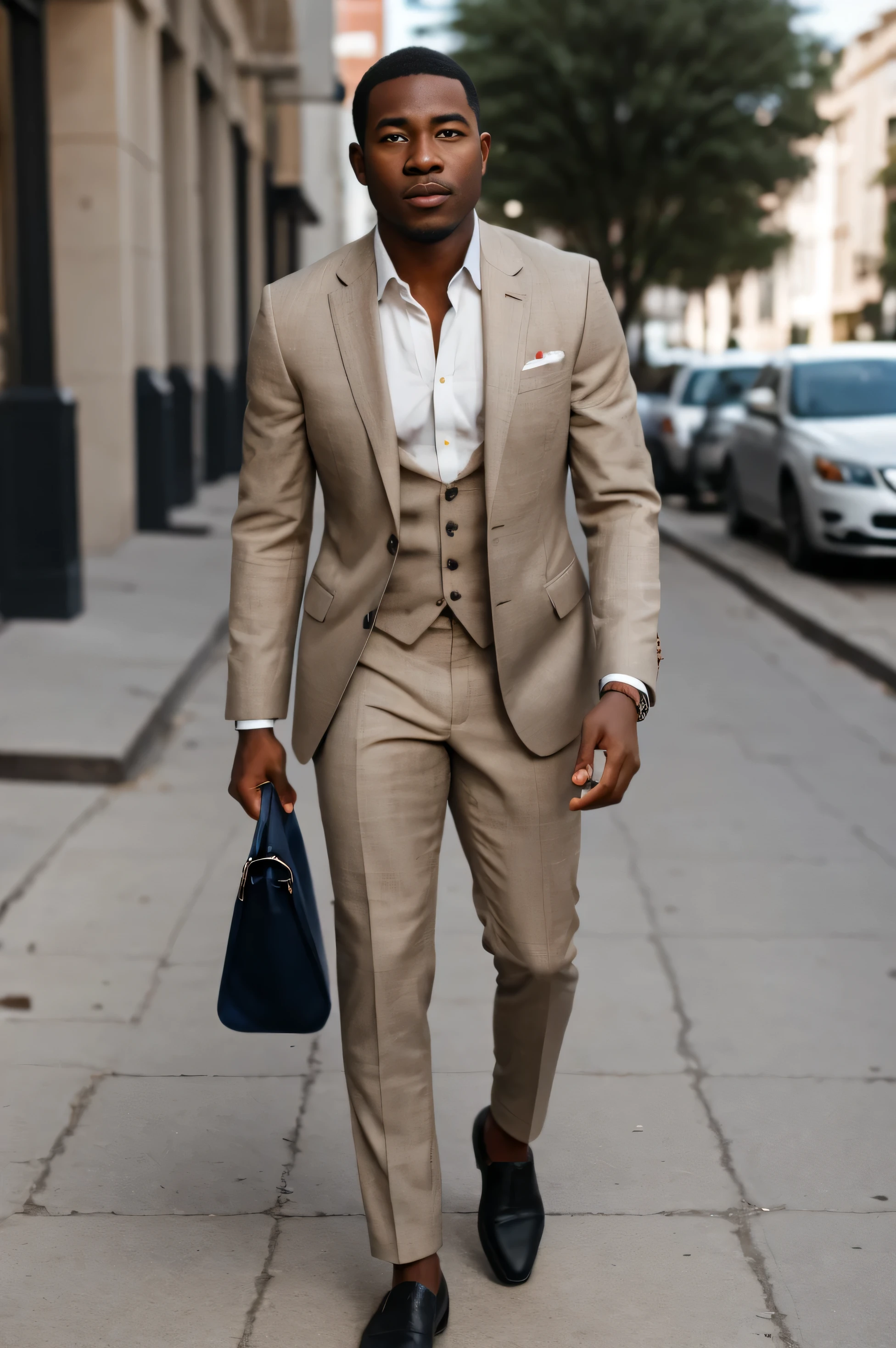 african american man wearing a suit, making a seepch, on the street, ted talks