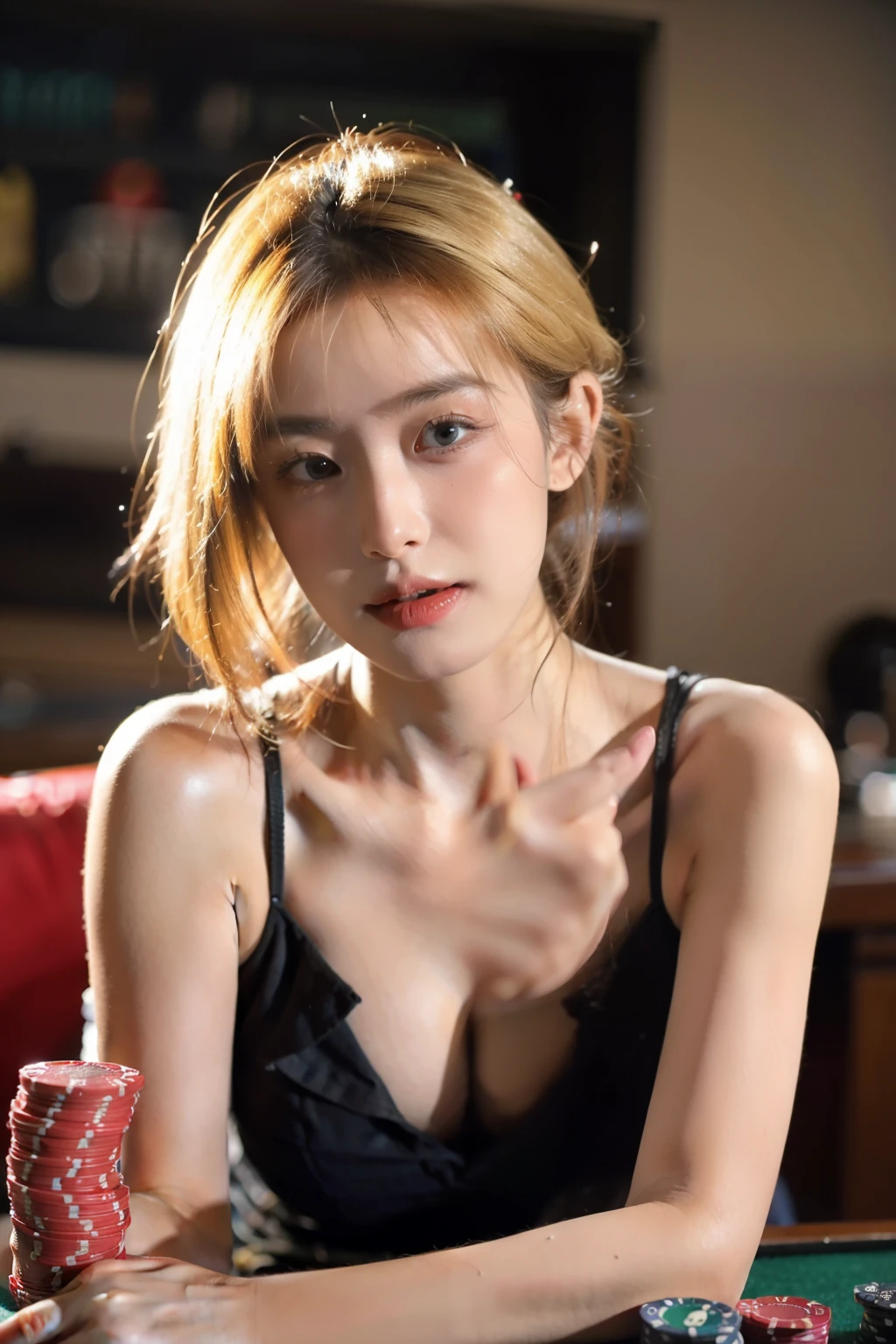20 year old woman, Blonde, (Hyperfade:1.3), soothing color tones, muted colors, high contrast, holding poker cards, gambling , Sexy 100, (The skin texture is natural., Surreal, soft light, sharp)
