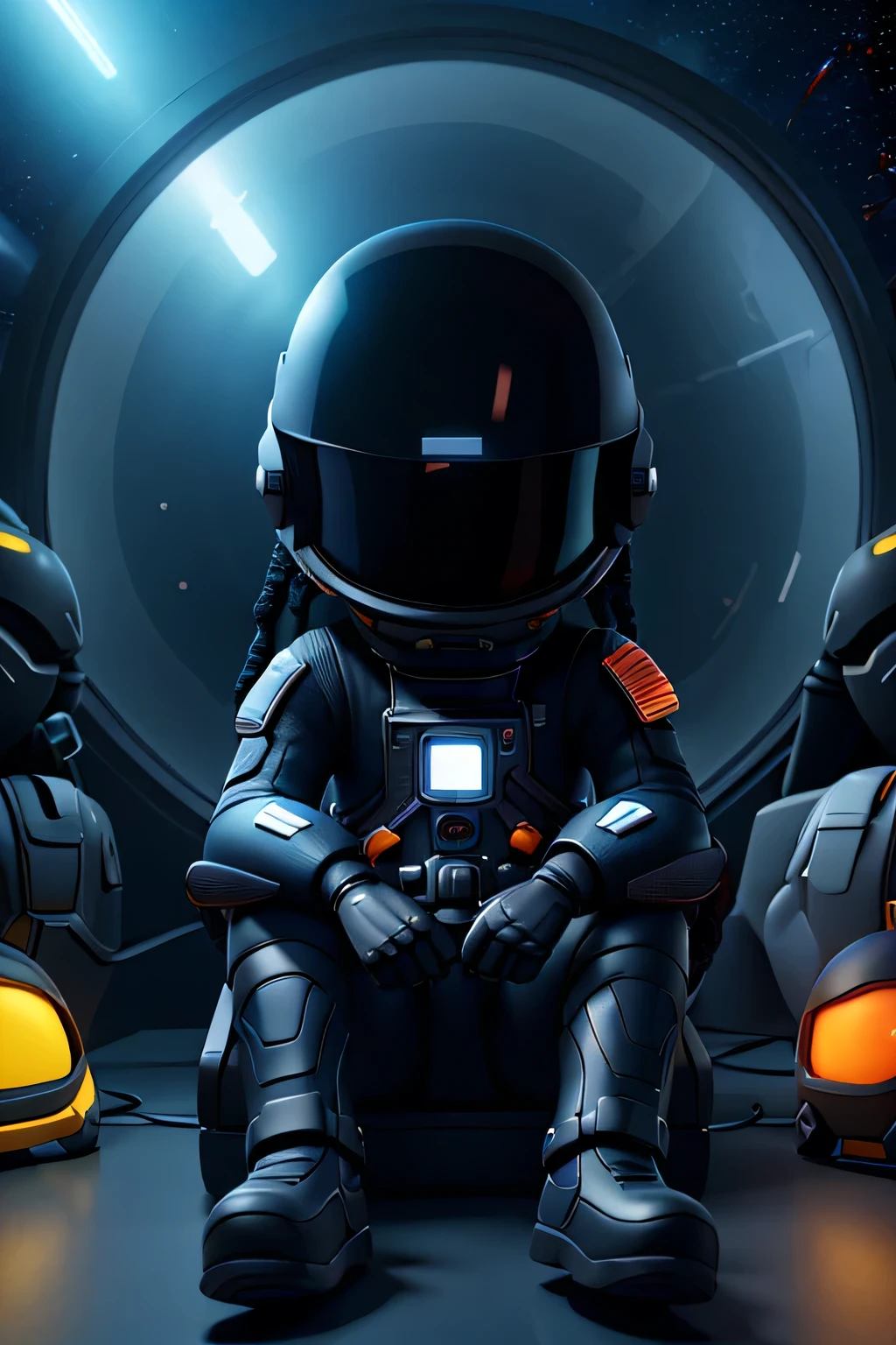 Black Astronaut space ninja wearing big helmet, sitting down on floor, with legs crossed, holding video game controller, legs crossed, playing video games, in spaceship, dark helmet visor, tinted helmet, neon lights on spacesuit, futuristic spacesuit, dreads, mask covering mouth 