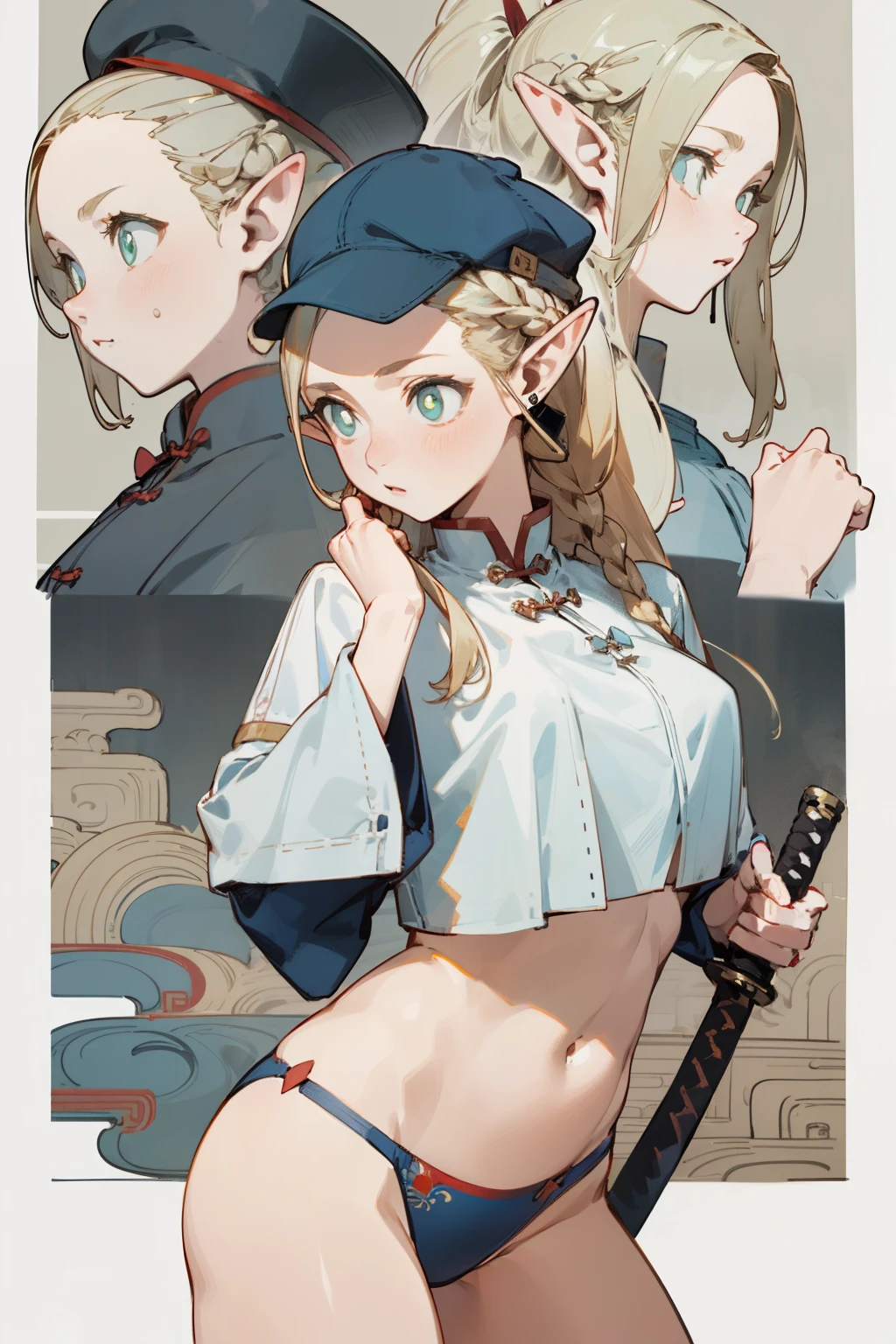Wearing a bikini、Wearing a hat and a sword,Wearing headphones, (masterpiece, best quality) detailed,silver accessories , Blonde ,elegant, Pointed ears ,Chinese element pattern,Wear a white shirt,Navel exposed,