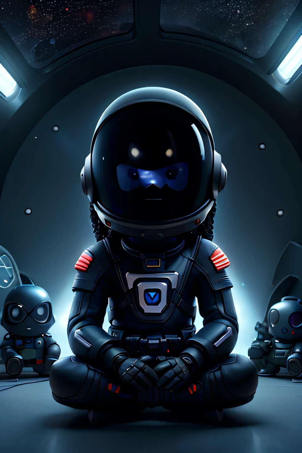 Black Astronaut space ninja wearing big helmet, sitting down on floor, with legs crossed, holding video game controller, legs crossed, playing video games, in spaceship, dark helmet visor, tinted helmet, neon lights on spacesuit, futuristic spacesuit, dreads, mask covering mouth