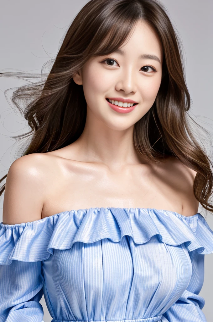 (highest quality, High resolution, masterpiece:1.3), ung japanese girl, Slender figure beauty, (smooth pale skin), Small face, Breast enhancement, loose curled medium shiny brunette with highlights, Precisely expresses details such as face and skin texture, Dark brown eyebrows are slightly rounded shape, Droopy moist eyes with dilated pupils and large irises, double eyelid, thick plump big lips, big smile, No makeup, (Off-the-shoulder ruffle-trimmed V-neck maxi dress with high waist), cowboy shot, A person in the center left and right, The whole head is shown, Professional cinematic lighting