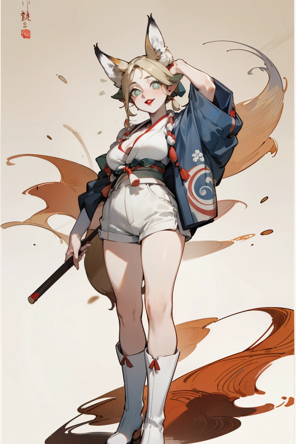 Upper body standing painting, White skin, (Fox ears), Exquisite eyes,Red Eyeshadow, Red lips,White shorts,Fake laugh, Ukiyo-e, masterpiece, high quality, at the lowest limit, Tiny,White boots,Huge breasts