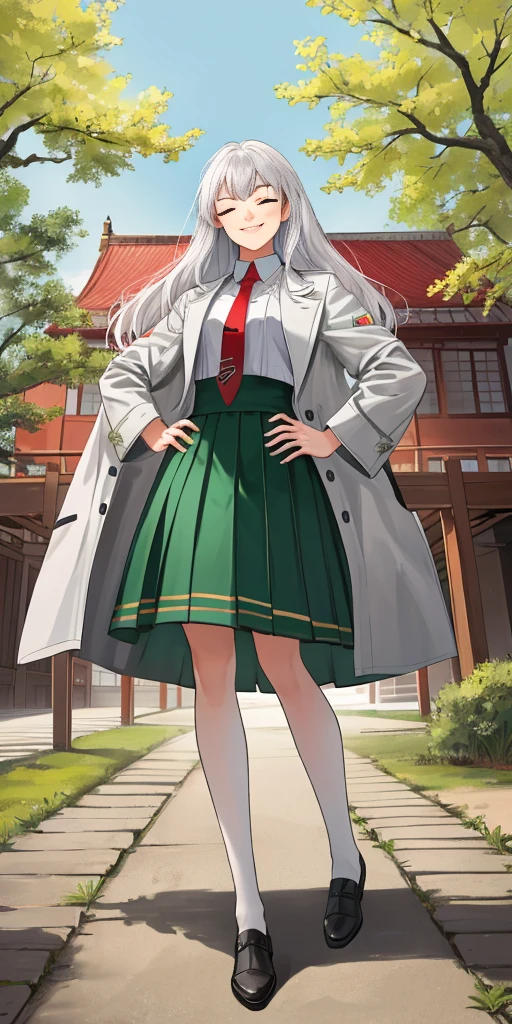 Female, standing, straight, 1girl (Full body, view from below, cowboy shot, looking at viewer, masterpiece, best quality, ultra detailed, immaculate:1.2) 30 y.o. woman, red eyes, LONG SILVER WHITE hair, posing for photo, seductive smile, grey jacket, red necktie, green skirt, Sakura tree, building, (pinched eyes) (closed mouth) (hands on hips)