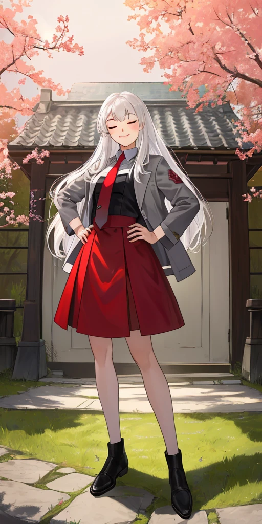 Female, standing, straight, 1girl (Full body, view from below, cowboy shot, looking at viewer, masterpiece, best quality, ultra detailed, immaculate:1.2) 30 y.o. woman, red eyes, LONG SILVER WHITE hair, posing for photo, seductive smile, grey jacket, red necktie, green skirt, Sakura tree, building, (pinched eyes) (closed mouth) (hands on hips)