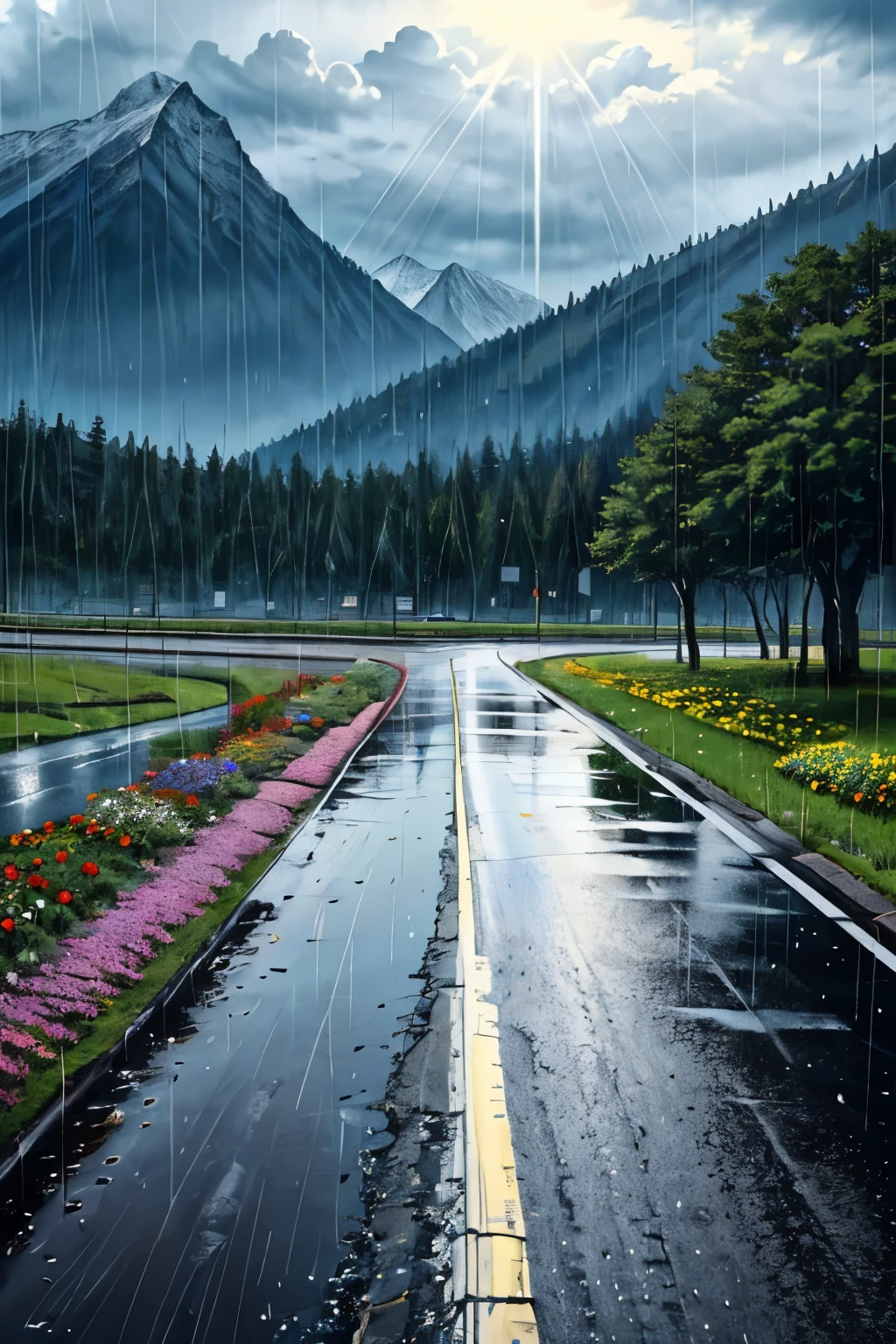 plain, wide highway, Flowers and trees in the center and on both sides of the road, clear and rainy day, Half of it rains, half clear, light shining through the clouds, raindrops in the air, mountains in the distance, mountain plants
