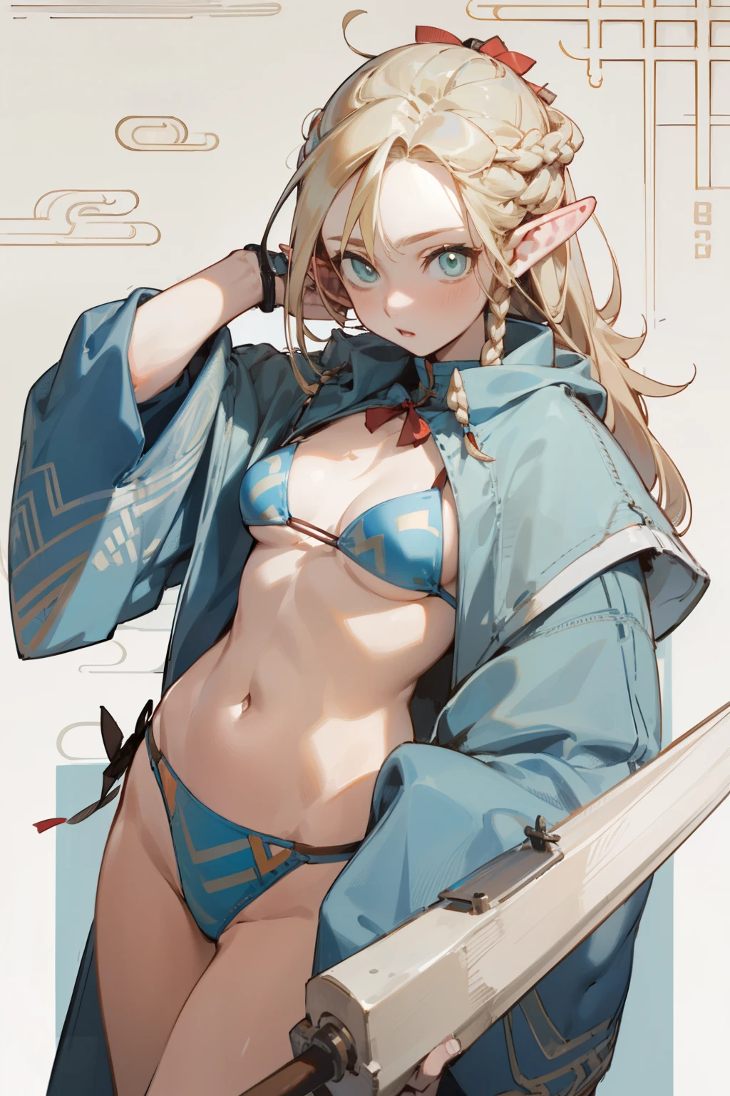 Wearing a bikini、Wearing a hat and a sword,Wearing headphones, (masterpiece, best quality) detailed,silver accessories , Blonde ,elegant, Pointed ears ,Chinese element pattern,Wear a white shirt,Navel exposed,
