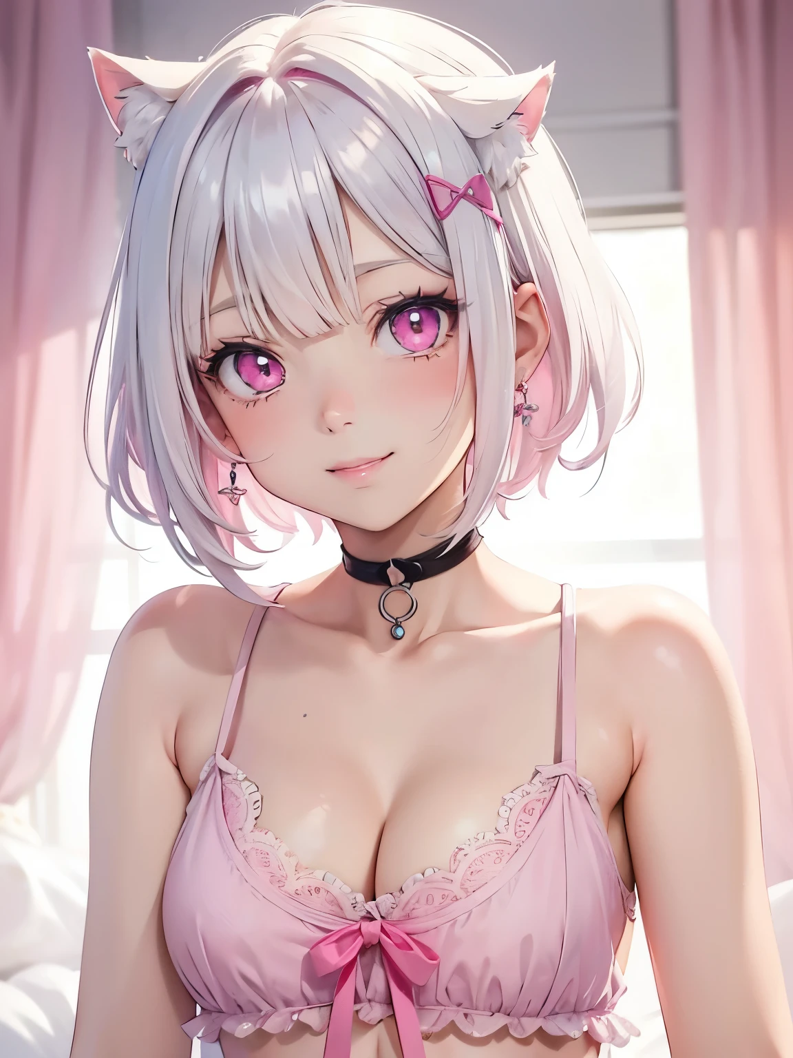 White hair. Short hair. Inner pink hair. Anime girl. Pink eyes. Glowing eyes. Nekomimi. Smilling. Tanktop. Small breast. Hairpin. Cleavage. Armpit.