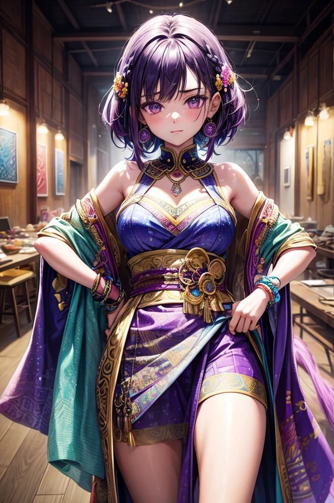 (absurd, high resolution, Super detailed), (1 Girl:1.3), Double tail, purple hair, rest , glitch art, Digital Distortion, Pixelate fragments, Data corruption, Colored Noise, Visual confusion, contemporary aesthetics rest , Enamel Art, Glassy surface, Vibrant colors, Bright finish, Reflective texture, Rich in pigment, fluid forms rest , Ethnic style, Traditional Clothing, Vibrant Patterns, Handmade Textiles, Cultural Themes, Beaded Jewelry, Handmade accessories