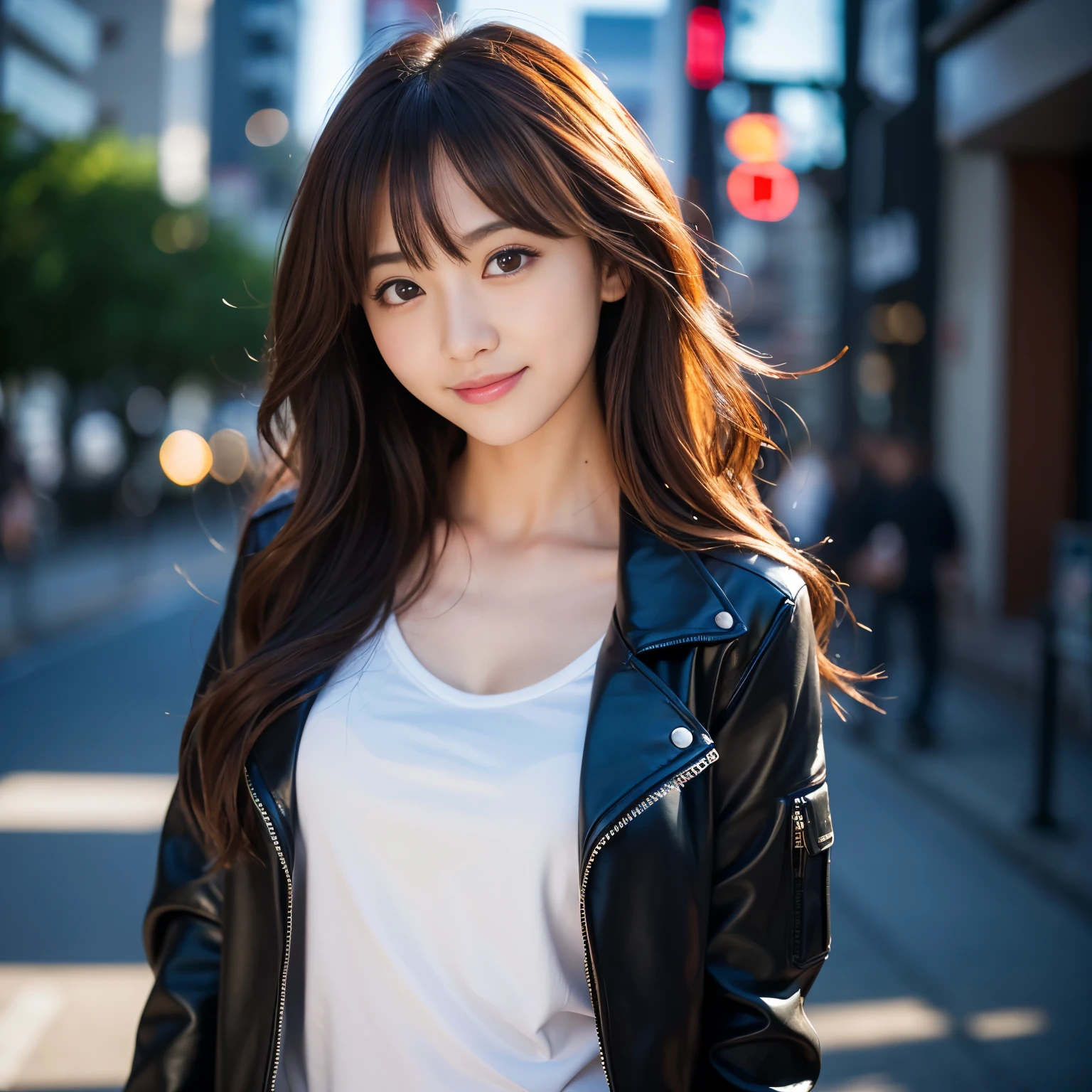 Best-quality, Masterpiece, Ultra-High-Resolution, (Photorealistic:1.4), Raw Photo, depth of field, professional lighting, perfect anatomy, extremely details, 1girl, Japanese idol, upper body, extremely cute face, extremely beautiful big-eyes, extremely beautiful hair, extremely beautiful skins, wearing camisole under black jacket, looking at viewer, innocent smile