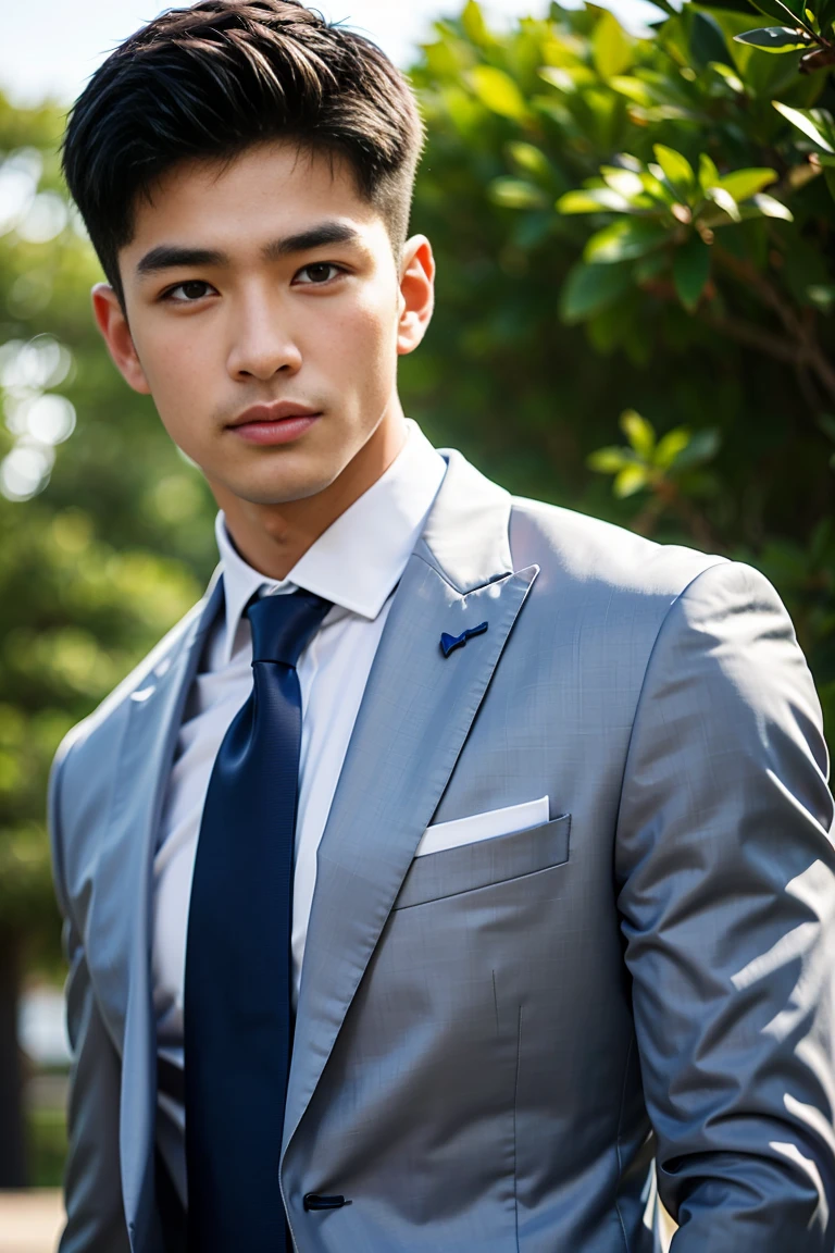 masterpiece, best quality, high quality, Extremely detailed CG Unity 8K wallpaper, Depth of Field, HDR,,Realistic portraits,Very detailed, 1 man, Asia, Black short hair (Wearing a gray suit), Chest muscles,Chest muscles肿胀, Muscles of the upper arms, Blood vessel, Big muscles, Broad shoulders, Looking at the audience, balance eyes, (eye contact)