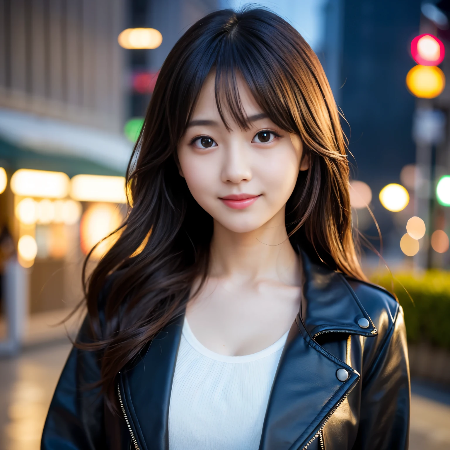 Best-quality, Masterpiece, Ultra-High-Resolution, (Photorealistic:1.4), Raw Photo, depth of field, professional lighting, perfect anatomy, extremely details, 1girl, Japanese idol, upper body, extremely cute face, extremely beautiful big-eyes, extremely beautiful hair, extremely beautiful skins, wearing camisole under black jacket, looking at viewer, innocent smile