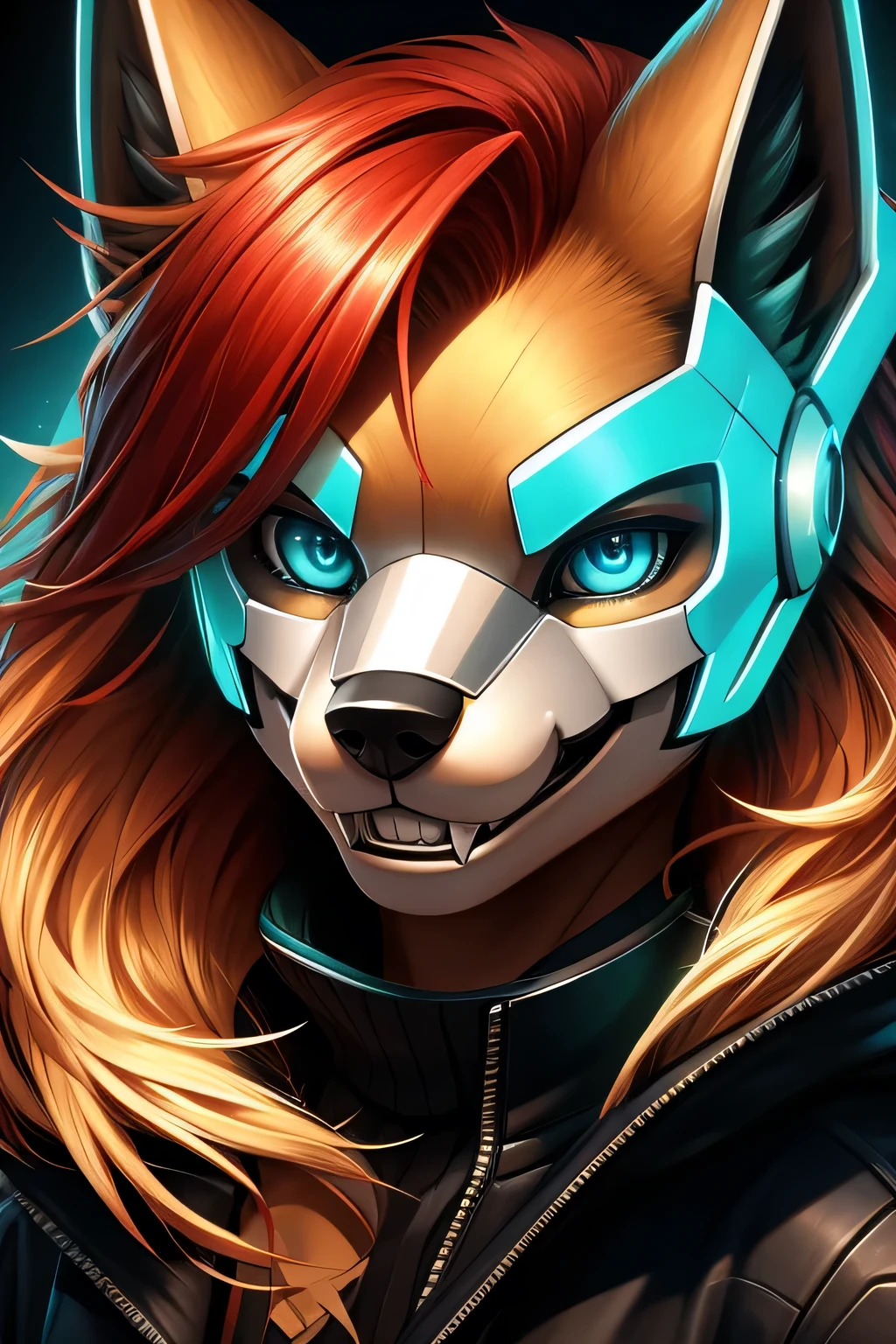 rofile picture, Close-up on the facehigh quality, digital art, drawing, ((clear structural details)), Meticulous and realistic, Detailed eyes, (Turquoise blue pupils), Evil smile, Smile, slenderness, soft, 4K, Excellent quality, High Deta Young Werewolf,80%Golden Retriever,20%Red Hair,Wearing a black jacket with a neon pattern,Wearing a half mecha mask,Wearing gamer's headphones, whole body,Standing,Cyberpunk, side fringe,Knight l, Detailed fur, ((The tail is in the right place) Two ears young werewolf,