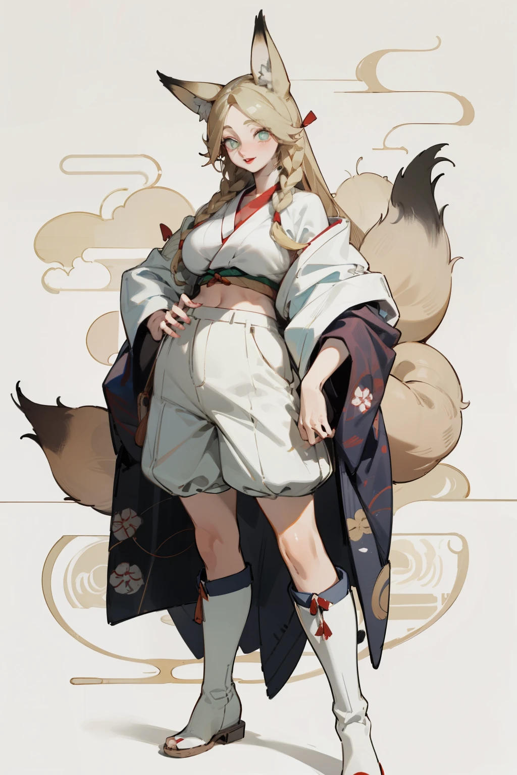 Upper body standing painting, White skin, (Fox ears), Exquisite eyes,Red Eyeshadow, Red lips,White shorts,Fake laugh, Ukiyo-e, masterpiece, high quality, at the lowest limit, Tiny,White boots,Huge breasts