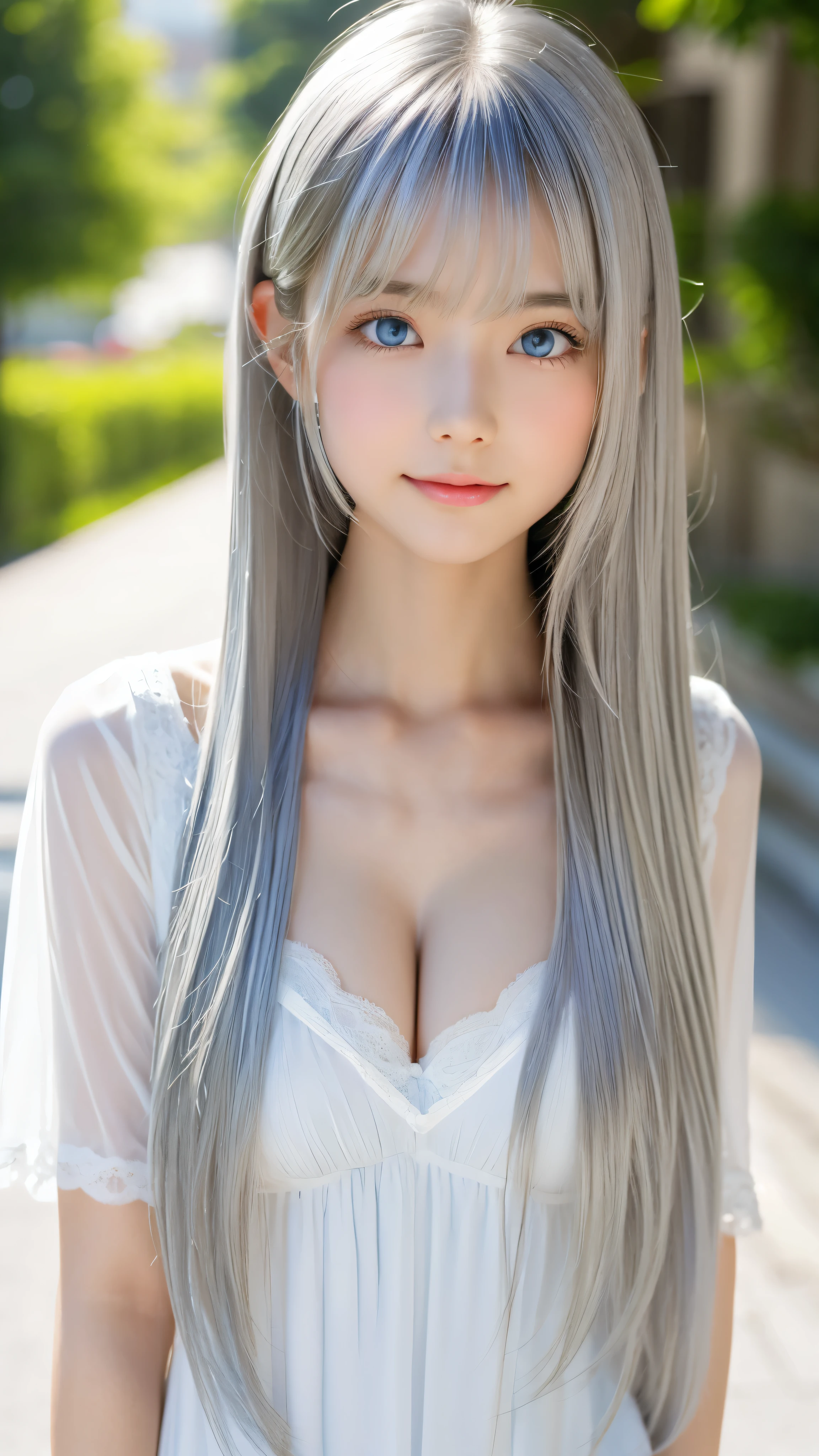 Shining, clear, white skin、Her windblown silver hair hides her beautiful face.、huge、Sexy beautiful face of 28 years old、Beautiful straight hair that stands out、growing up, Sparkling light blue eyes、Sexy long silky bangs covering the eyes, Sexy young woman with super long hair hiding her sexy face、Shining silver hair、(((Sexy Woman)))、The cleavage is visible