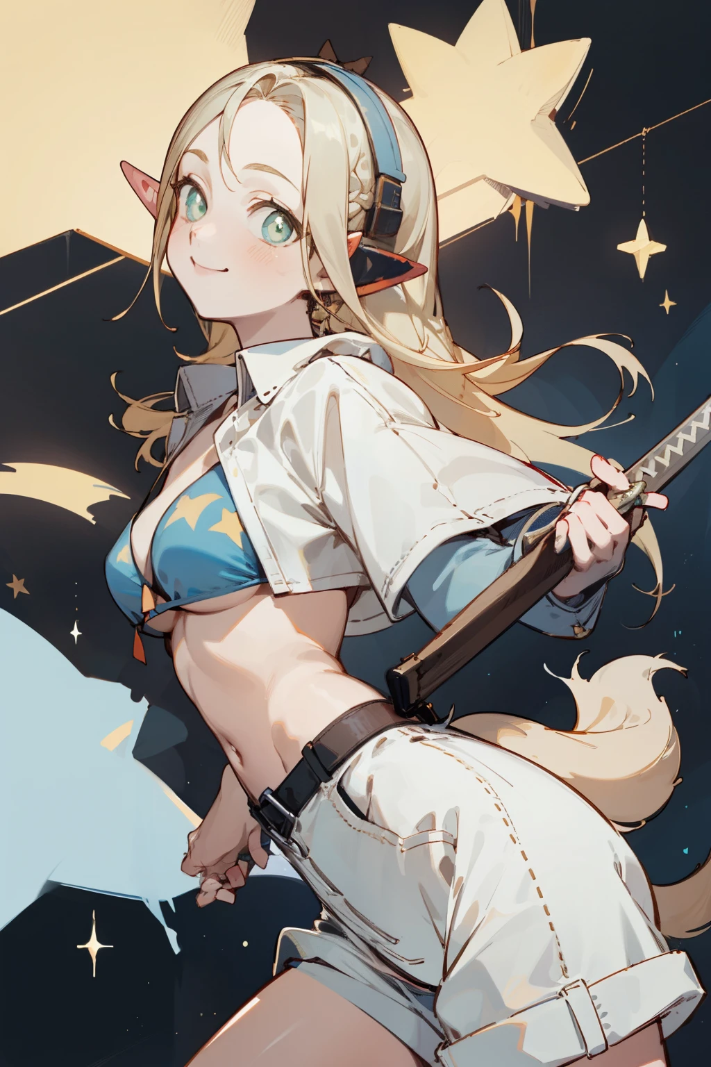 Wearing a bikini、Wearing a hat and a sword, Wearing headphones,(masterpiece, best quality) detailed,silver accessories , Blonde ,elegant, Pointed ears ,White shirt,shorts,Double tail,Waist-length hair,Smile,Star decoration