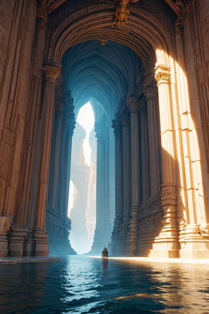 There is a huge wooden statue in the middle of the narrow canyon, Unreal Engine 5 Rendering, Inspired by Ras Akyem, giant gold head statue ruins, Video Game Screenshots>, Music video screenshot, author:Thomas Crane, giant majestic archways, Inspired by ferdinand knab