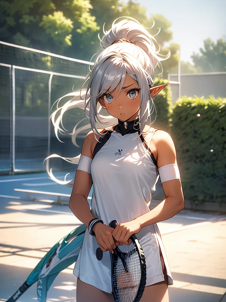 One elf woman, tanned brown skin, beautiful silver hair, pointed ears, upper body depiction, ponytail, tennis wear, tennis court, sweats, swinging a tennis racket. serious look, her lips open,