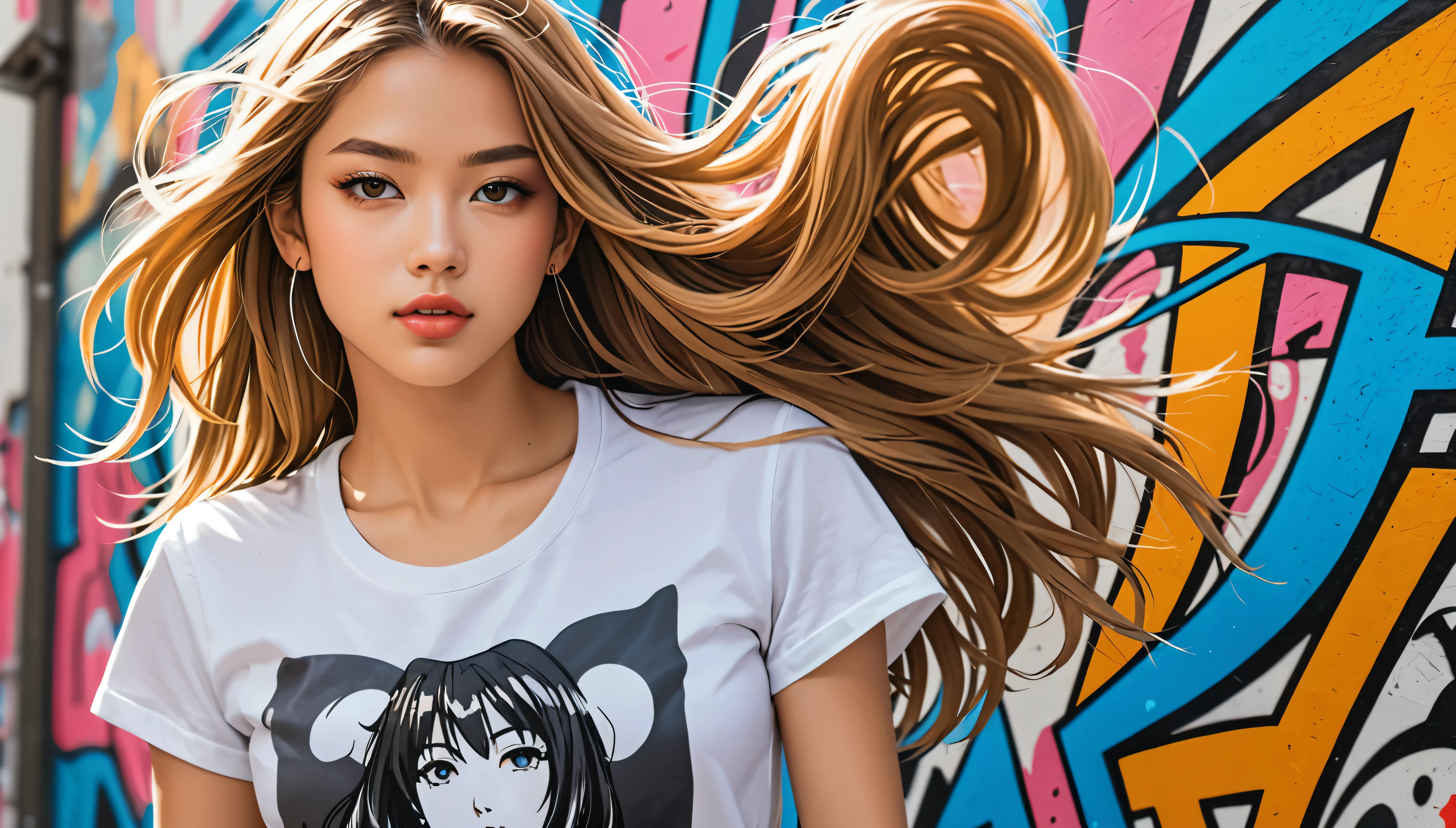 Anime Art Portrait，unique、Stunning、Beautiful woman face close-up, Stunning details, Extremely detailed eyes, Delicate skin，Flawless texture，Delicate and exquisite, The soft hair falls gracefully on the neck, Her lips are plump, Graphic T-shirt, Dynamic pose against graffiti wall, Superb composition, The lighting highlights her natural beauty, Soft shadows and highlights, Incredible skills and attention to detail, Nuances and details, supersharp focus, Kahn Griffiths, Conrad Rosset, Annie Leibovitz, Ultra Detailed, Soft Light, sharp, Hasselblad Masterclass, . anime style, key point, Energetic, Studio anime, Very detailed